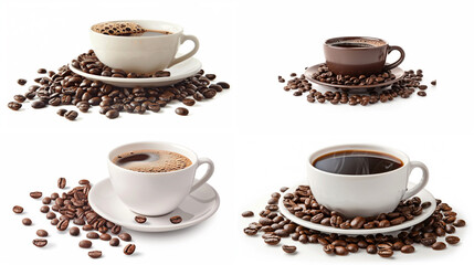 Obraz premium A concept for the coffee business. Coffee beans. Coffee splashes. Coffee plantations. A cup of coffee. Background with an image of a cup of coffee and coffee beans.