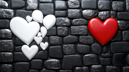 Obraz premium A wall with a heart and a bunch of hearts on it. The heart is red and the other hearts are white