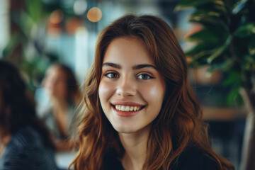 Fototapeta premium Young happy businesswoman having meeting with her colleagues in office