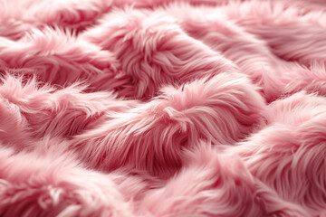 Pink fluffy fur background, texture of soft pink sheepskin fabric in the style of soft pink sheepskin fabric.
