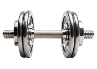Fototapeta premium A silver dumbbell with a textured grip. Suitable for various strength training exercises. Isolated on transparent background, png.