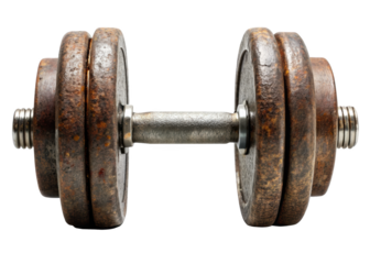 A rusty iron dumbbell with patina. Vintage look, perfect for rustic gym decor or nostalgic workouts. Isolated on transparent background, png.