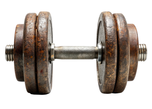 A rusty iron dumbbell with patina. Vintage look, perfect for rustic gym decor or nostalgic workouts. Isolated on transparent background, png.
