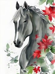  Graceful Black Horse with Autumn Leaves