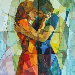 Stained Glass Artwork of Two Embracing Figures in Vibrant Colors