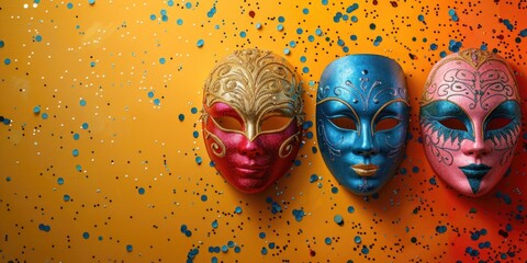 Obraz premium Three colorful venetian masks on gold background