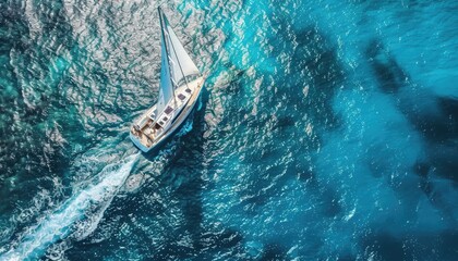 Obraz premium Aerial View of Luxury Sailboat on Pristine Blue Ocean Waters