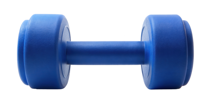 A blue dumbbell designed for aerobic workout. Ideal for home and gym exercises. Isolated on transparent background, png.