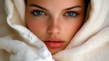 A woman with blue eyes and a pinkish tint to her skin is wearing a white towel draped over her head