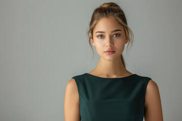 Obraz premium Young beautiful woman in green color dress