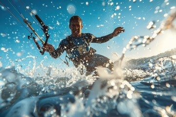 Naklejka premium Kitesurfer riding a wave with spray, enjoying the thrill of watersports. Concept of adventure, freedom, and athleticism.