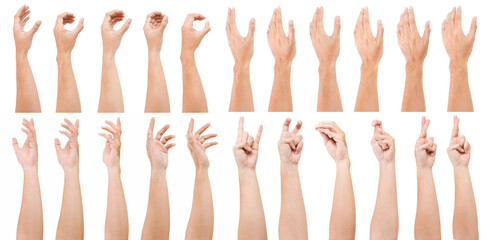 GROUP of Male asian hand gestures isolated over the white background. Grab action. Touching action. CROSS FINGER POSE.