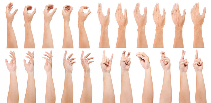 GROUP of Male asian hand gestures isolated over the white background. Grab action. Touching action. CROSS FINGER POSE.