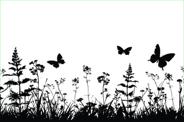 Meadow herbs and flying butterflies. Flowering summer or spring field. Vector illustration.  Wildflowers. flying butterflies. Hello summer. Floral background. Wild grass. Vector illustration.