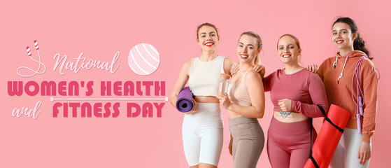 Group of sporty young women with equipment on pink background