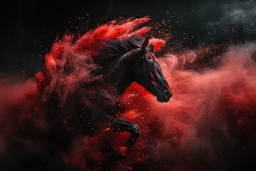 Horse running in red dust on black background