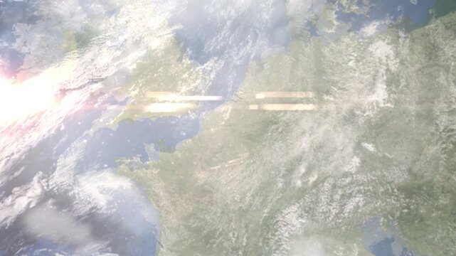 Earth zoom in from space and focus on D&eacute;nin, France. Background for travel intro or blog. Satellite view. 3D style Animation. Images from NASA.