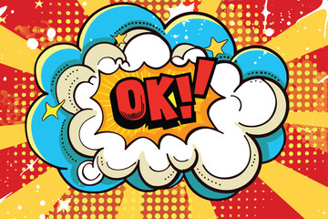 Boom pop art cloud bubble. Smile, wow, pow, cool, ok, oops, wtf funny speech bubble. Trendy Colorful retro vintage background in pop art retro comic style.