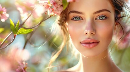 Fototapeta premium Portrait of a Young Woman Amidst Blooming Flowers with Sunlight and Natural Beauty