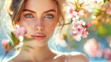 Portrait of a Young Woman Amidst Blooming Flowers with Sunlight and Natural Beauty