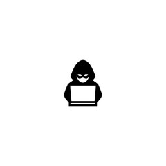Hacker behind computer icon isolated on white background