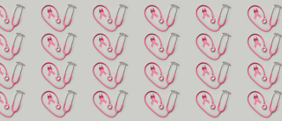 Pink ribbon with stethoscope on grey background. Breast cancer awareness concept