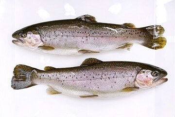 Naklejka premium Two freshwater fish, possibly trout, displayed side by side against a white background