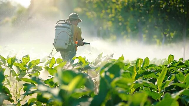 Farmers spray insecticide mixed with water on tobacco trees while carrying a spraying engine on their back.