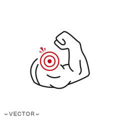 muscle pain icon, spasm of smooth muscles, arm strong, thin line symbol isolated on white background, editable stroke eps 10 vector illustration