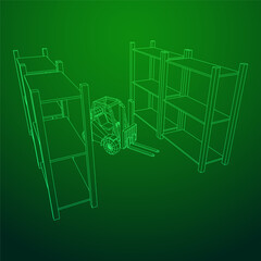 Forklift Loader lift truck in warehouse near rack. Wireframe low poly mesh vector illustration.