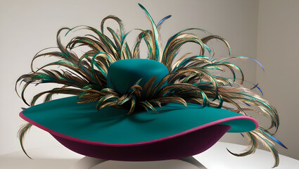 A statement, oversized hat with colorful, feathered trim