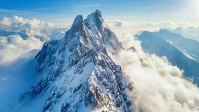 rocky peak with misty clouds in sunny winter alps aerial view