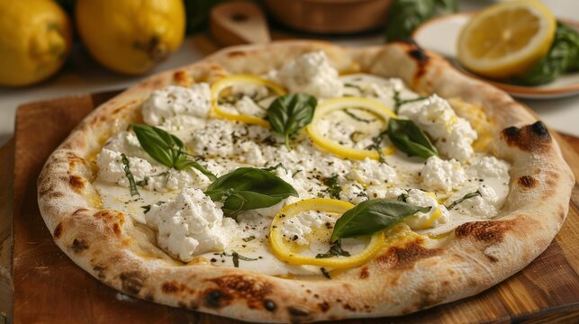 A pizza with lemon zest, ricotta cheese, and basil is being enjoyed, offering a fresh and zesty take on the classic dish.