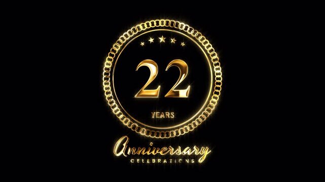 22nd Anniversary Celebration. Happy 22 Years Anniversary Animation in Gold Color on the Transparent Background, Alpha Channel. Great for greetings, celebrations, events, and gifts.
