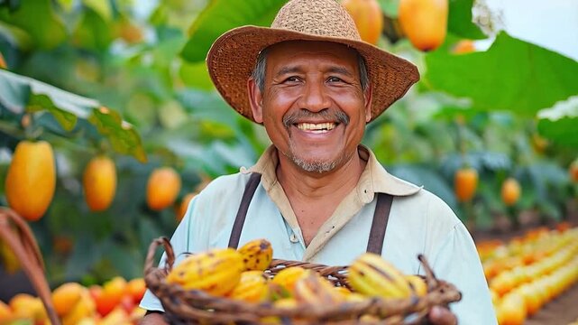 A farmer in a cocoa plantation holds delicious coco fruit or a coco basket and smiles while facing the camera.