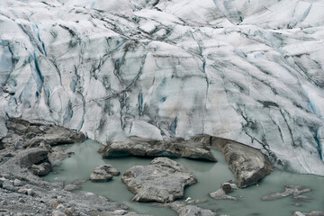 The melting Austerdalsbreen Glacier of the Austerdalen Valley a day of July 2024, in Western Norway.