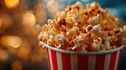 Close-up of a red and white striped popcorn bucket filled with freshly popped popcorn.