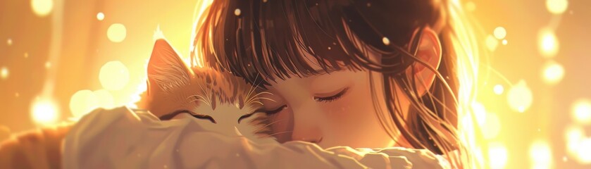 Closeup of blushing anime girl hugging a cat, lofi style, cozy background, studio lighting, warm and intimate