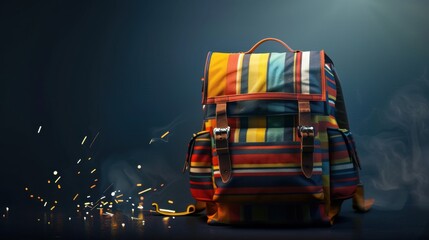 18. Hiking Backpack, realistic style, colors full, stripes pattern, close-up, dramatic lighting, sparks,
