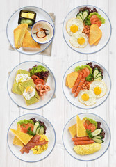 big breakfast egg sausage ham salmon toast cherry tomato vegan salad mushroom soup in white bg western banquet halal healthy food restaurant appetiser snack cafe menu set combo crop design