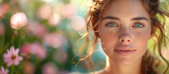 Fototapeta premium Woman with curly hair and freckles in a garden