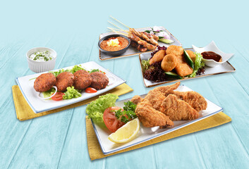 delicious grilled fresh chicken chop beef steak fish fillet seafood meat brown black pepper sauce salad in white plate on brown background premium western cafe halal food menu for restaurant set combo