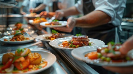 Chef serving food in restaurant kitchen