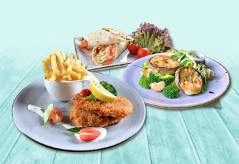 delicious grilled fresh chicken chop beef steak fish fillet seafood meat brown black pepper sauce salad in white plate on brown background premium western cafe halal food menu for restaurant set combo