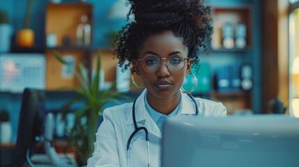 Portrait of a Black Female Medical Health Care Professional Working on Desktop Computer in Hospital Office. Clinic Head Nurse is Appointing Prescriptions Online, Updating Electronic, Generative AI