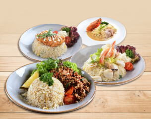 wok fried fu Zhou braised ee fu noodle bee hoon longevity noodle mee fried rice with seafood mushroom prawn egg meat on wood table asian chinese halal food menu for restaurant set combo