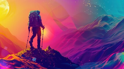 20. Hiker, realistic style, pastel colors, geometric pattern, low angle, high contrast, glowing light,