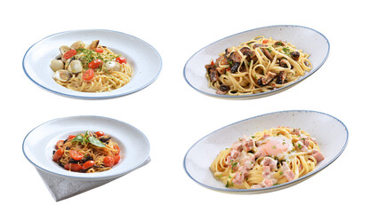 seafood pasta with big tiger prawn, scallop shell clam and mushroom in olive oil salted egg yolk paste sauce in plate on white marble table western spaghetti cuisine halal food hotel luxury cafe menu