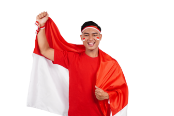 Indonesian man celebrating Indonesia's independence day on 17 August by holding the Indonesian flag isolated transparent