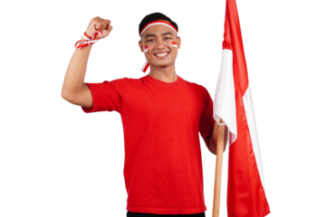Indonesian man celebrating Indonesia's independence day on 17 August by holding the Indonesian flag isolated transparent